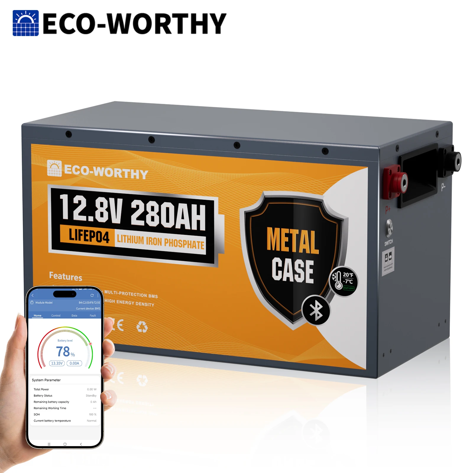 ECO-WORTHY 3584Wh 12V 280Ah Metal Case LiFePO4 Battery w/Bluetooth & Low Temp…
