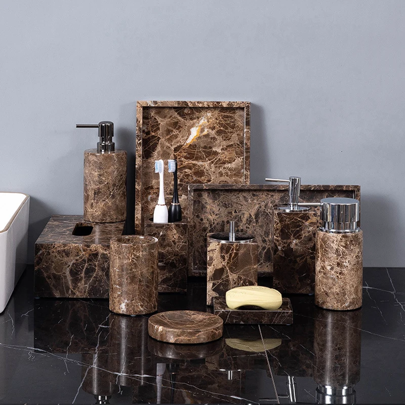 Emperador Dark Natural Marble Bathroom Set Brown Luxury Toothbrush Holder…