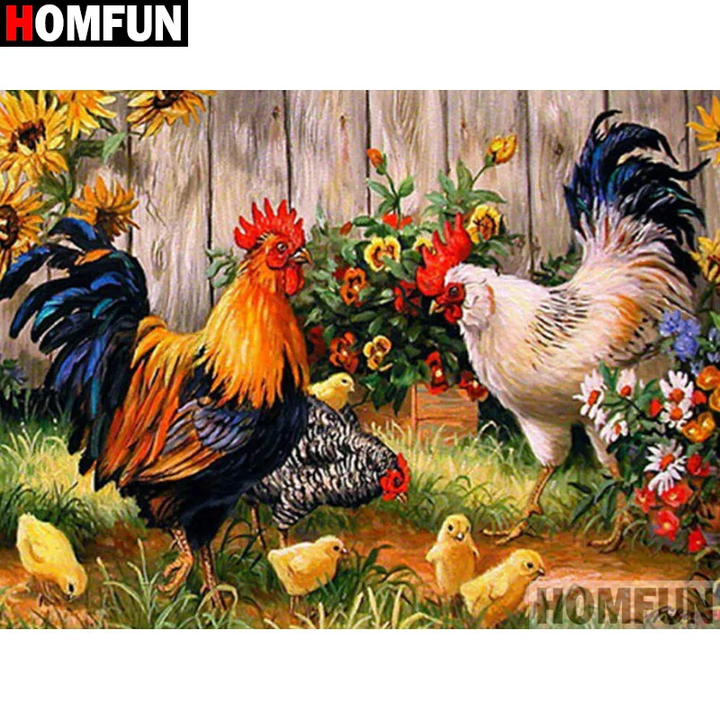 HOMFUN 5D DIY Diamond Embroidery Full Display "Animal Chicken Family" Diamond…