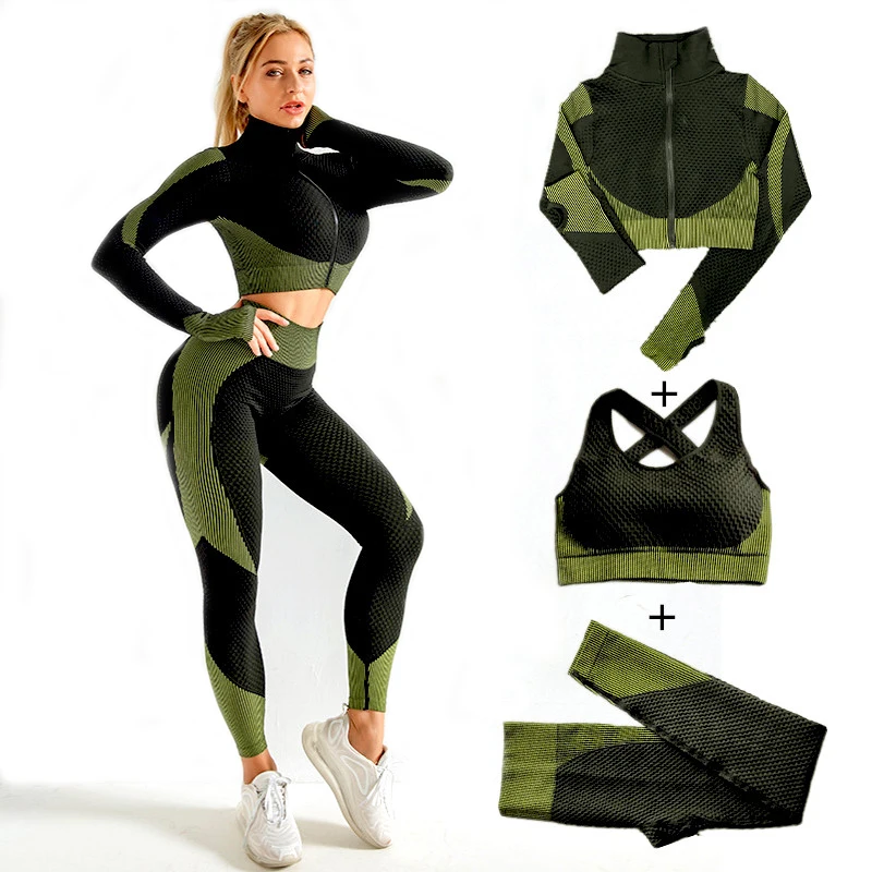 Women Seamless Yoga Sets 2Pcs/3Pcs Women's Zipper Tracksuit Long Sleeve…