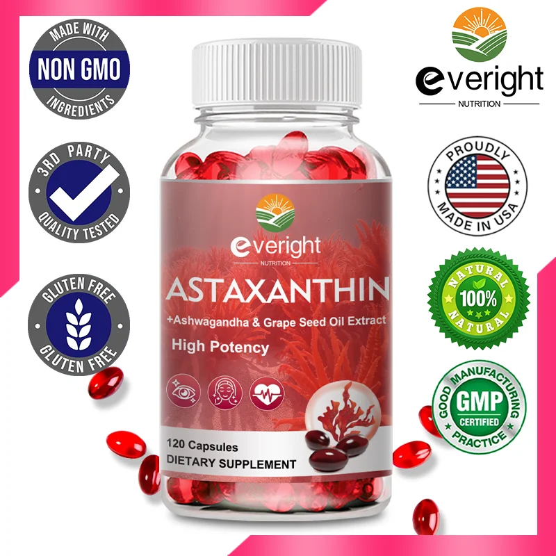 Astaxanthin Supplements 24mg, Fresh Microalgae Source Grape Seed Oil…