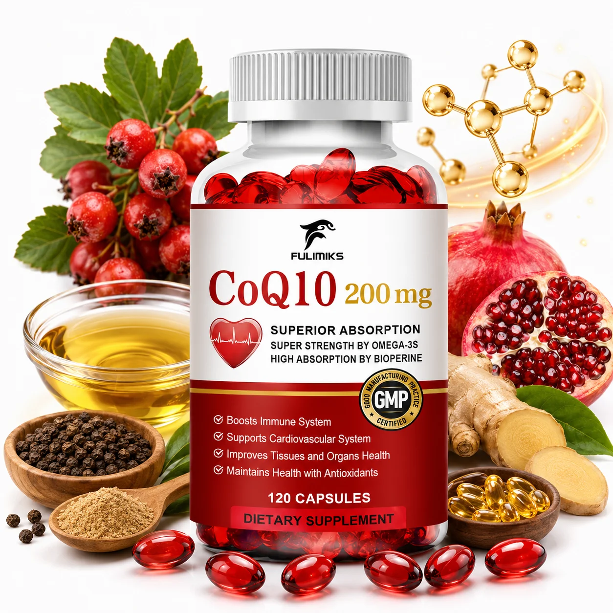 FULIMIKS CoQ10 Soft Capsules, with Omega-3 & Bioperine Black Pepper Extract…