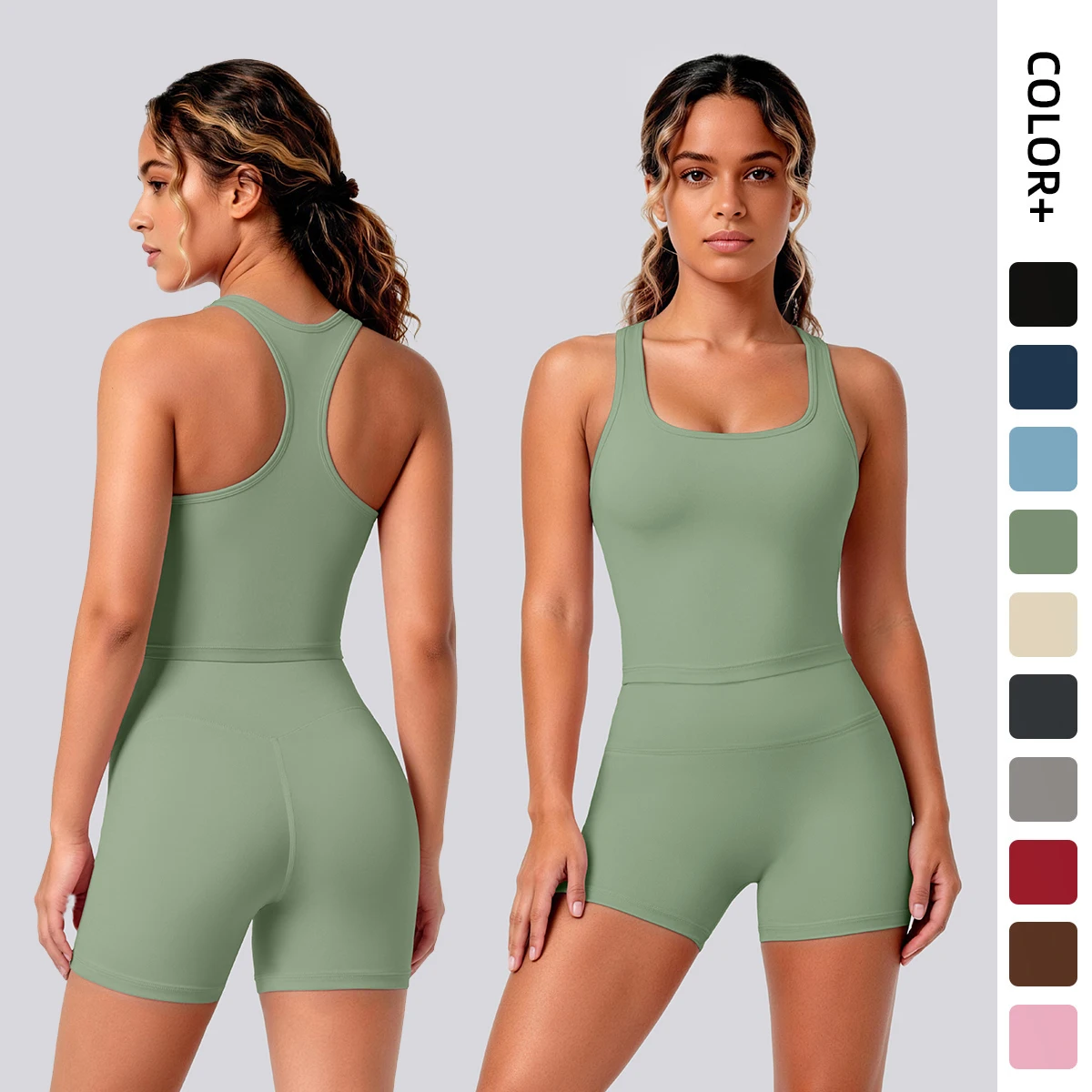 2PCS Woman Yoga Set Breathable Workout Top I-shaped Vest Solid Color Gather…