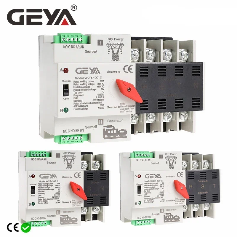 GEYA W2R ATS 110V 220V PC Dual Power Automatic Transfer Switch 63A 100A…