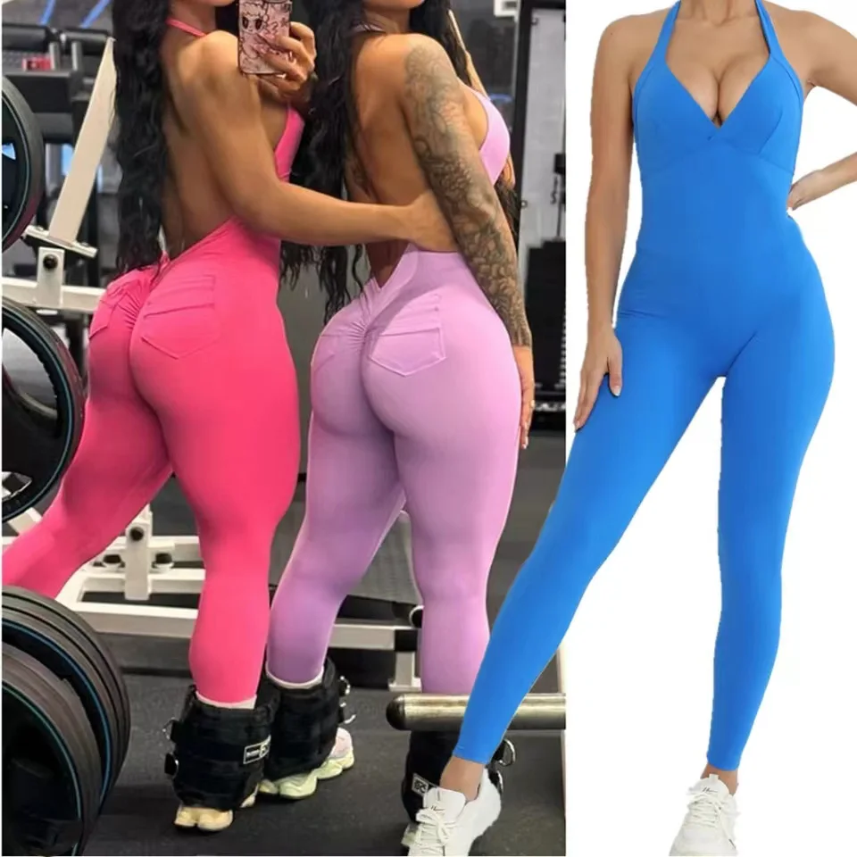 Pad Halter V Scrunch Romper Women One Piece Jumpsuit Workout Yoga Set Open…
