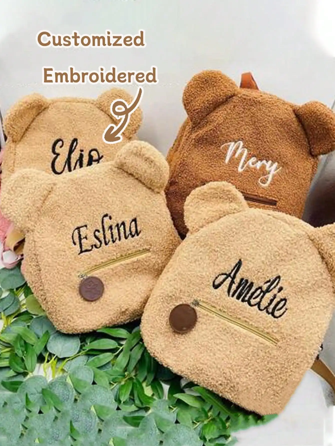 Cute Customized Embroidered Name Plush Bear Backpack Fluffy Sherpa Mini…