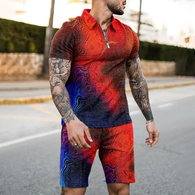 Summer Zipper Polo Shirt Suit 2 Pcs Tracksuit Men Beach Boho Geometric Style…