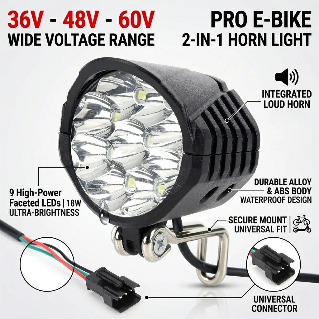 E-Bike Headlight Horn 2 in 1 Electric Scooter Front Light 9LED 18W 36V 48V…