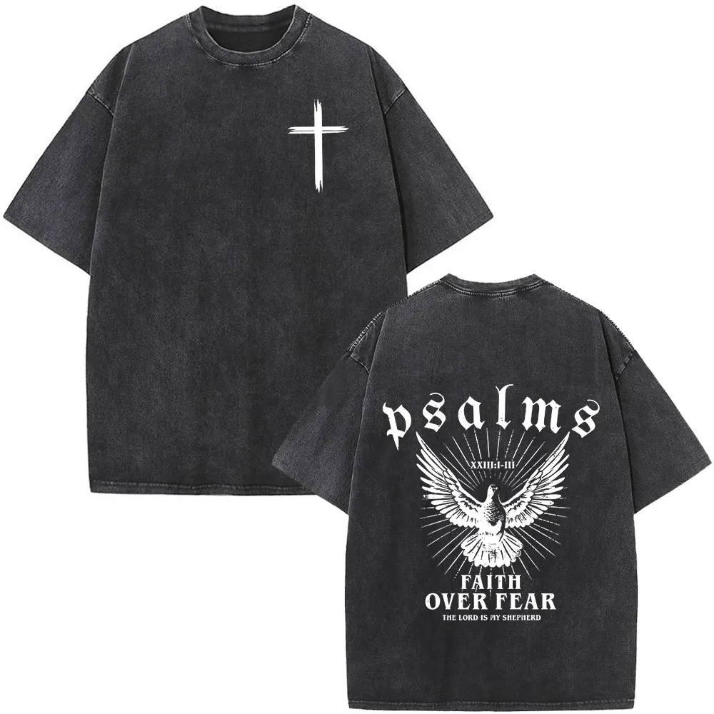 Christian Jesus Faith over Fear Bible Verse Washed T-shirts Men Women Fashion…