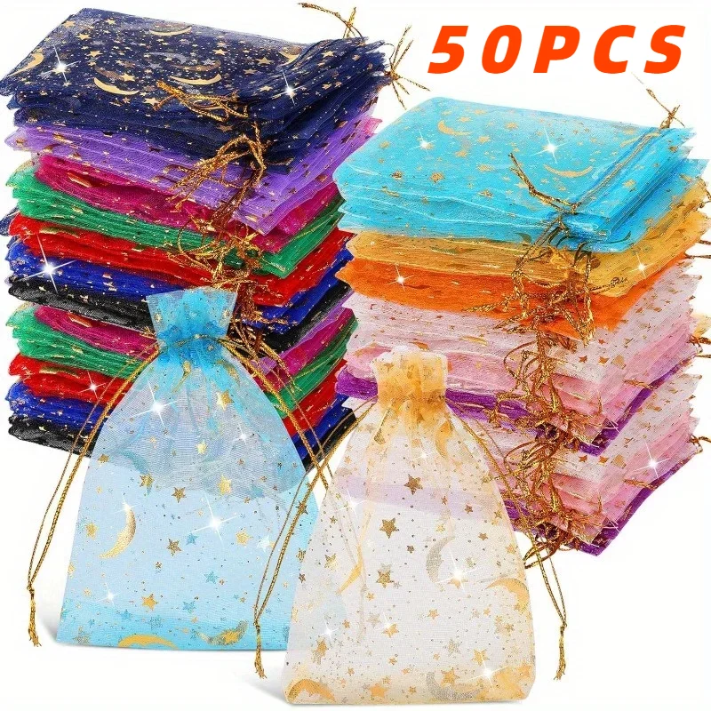 50PCS Moon Stars Drawstring Organza Bags Jewelry Gift Bags Pouches Gold Star…