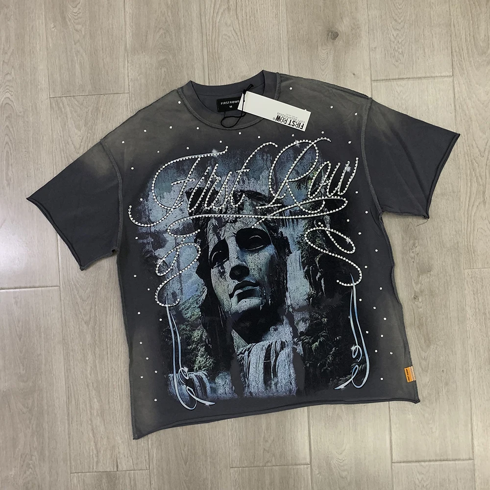 Streetwear Vintage Washed Diamond Cropped Tee for Men Crew Neck Short Sleeve…