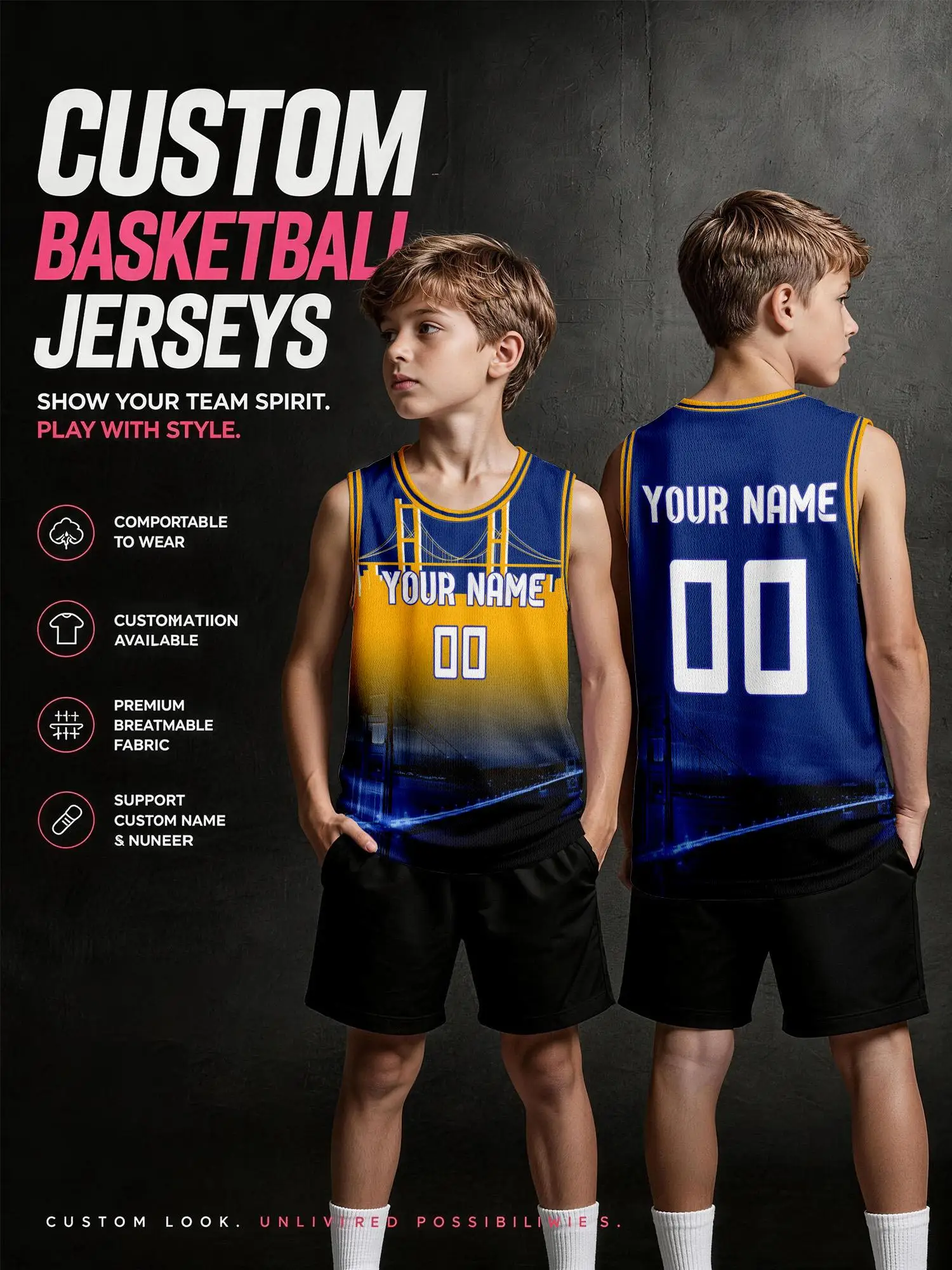 Kids Custom Gradient Basketball Jersey Set, Printable Name & Number…