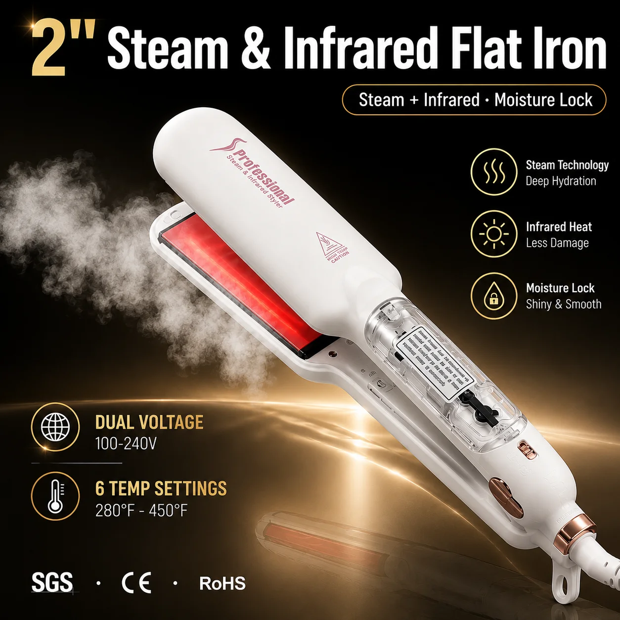 RUCHA Infrared Steam Hair Straightener 2 Inches Wide Plate Hair Salon…