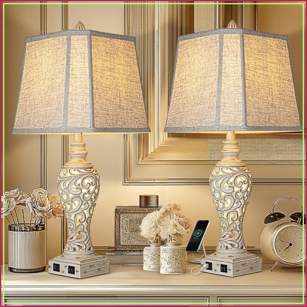 28.5" Table Lamps Set of 2 with Nightlight, USB C+A Ports, Linen Shades for…