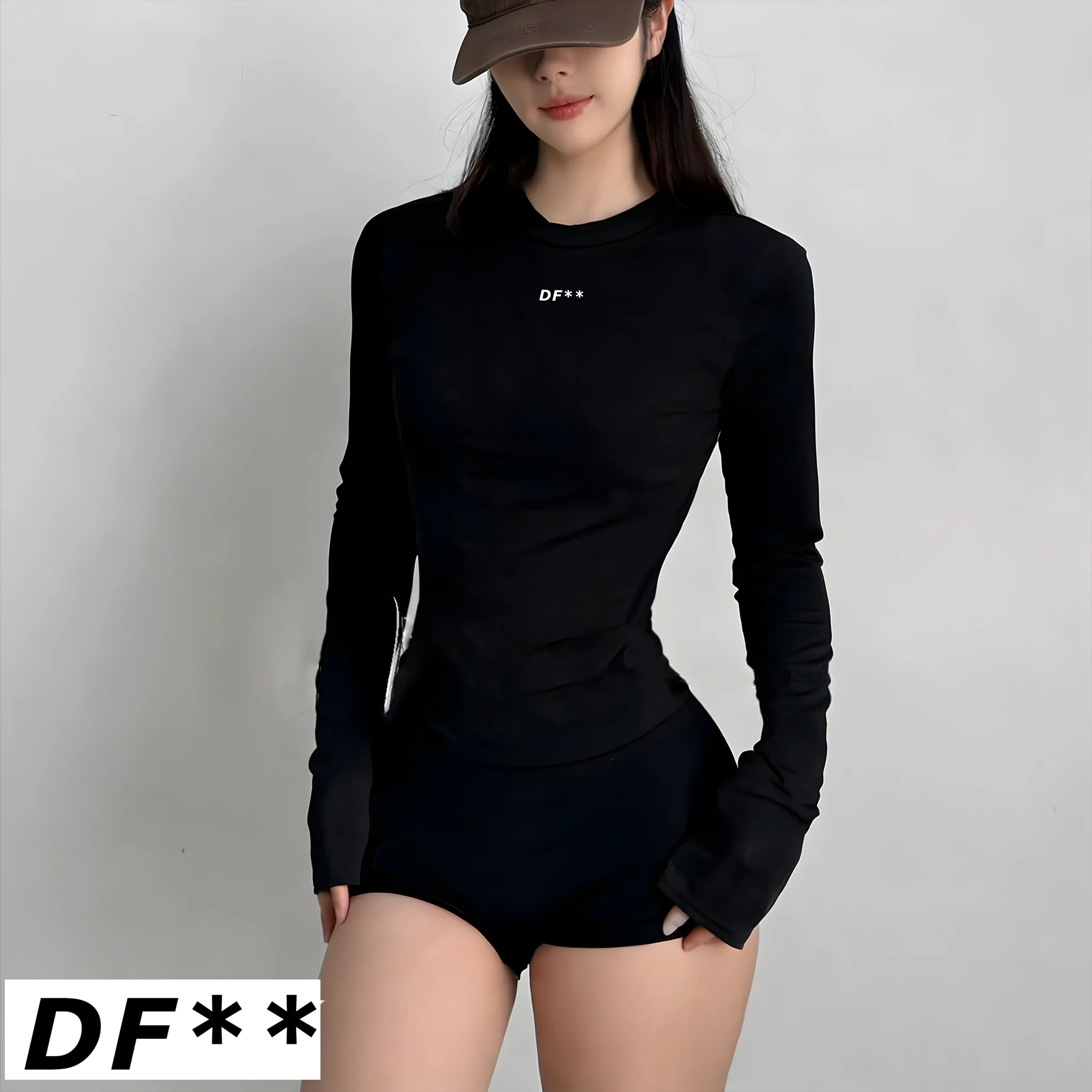 DF LOGO Women Seamless Long Sleeve 2PCS Set High Elastic Tummy Control Quick…