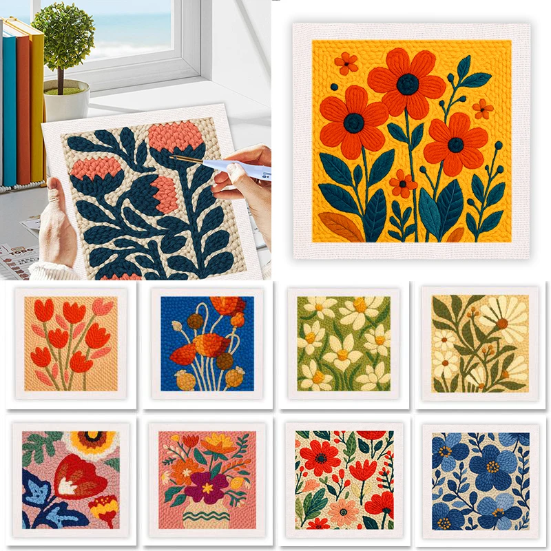 25x25cm Punch Needle Embroidery Starter Kits with Frame for Beginner Flower…