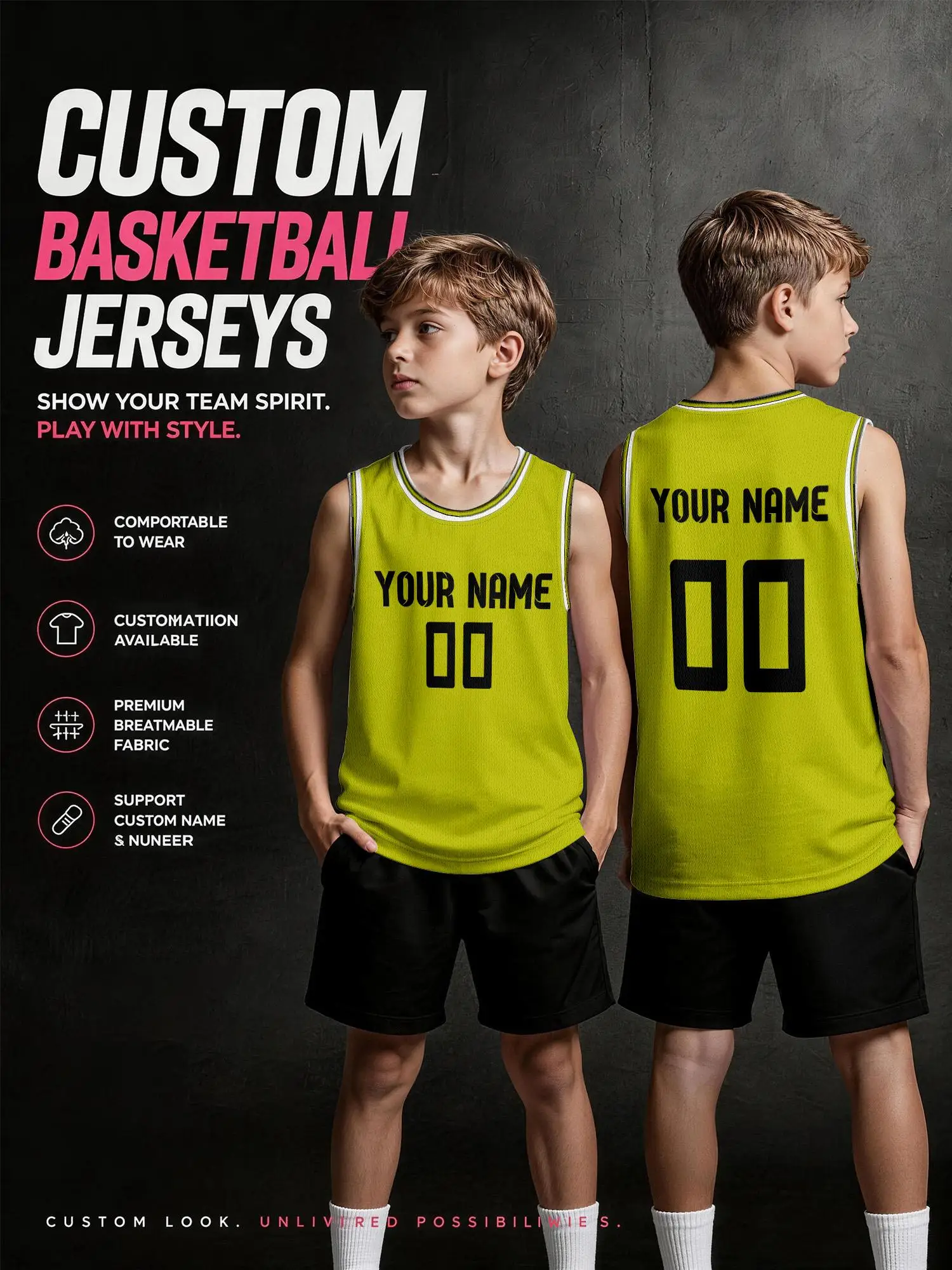 Lime‑Yellow White‑Trim Custom Kids Basketball Jersey, Breathable Mesh…