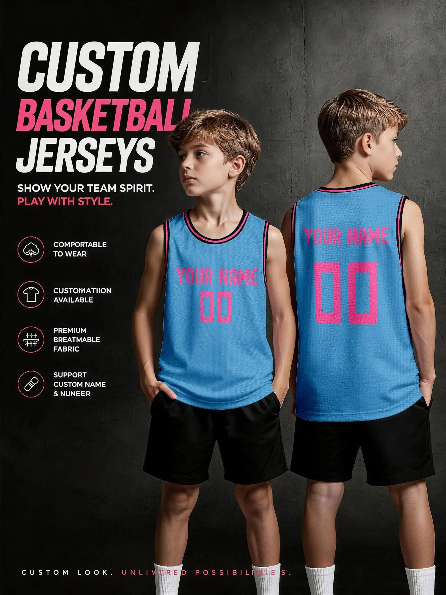 Lake Blue Pink Trim Custom Basketball Jersey, Adults Kids Name Number Print…