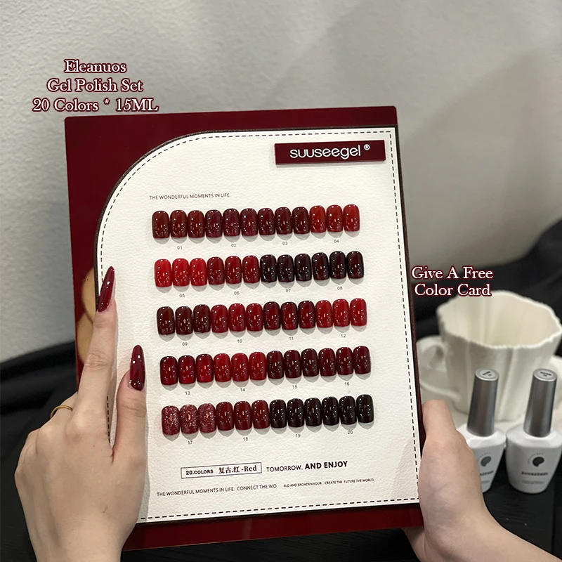 Eleanuo Autumn Red Series Gel Polishing 20PCS Mixed Semi Permanent Cherry Red…
