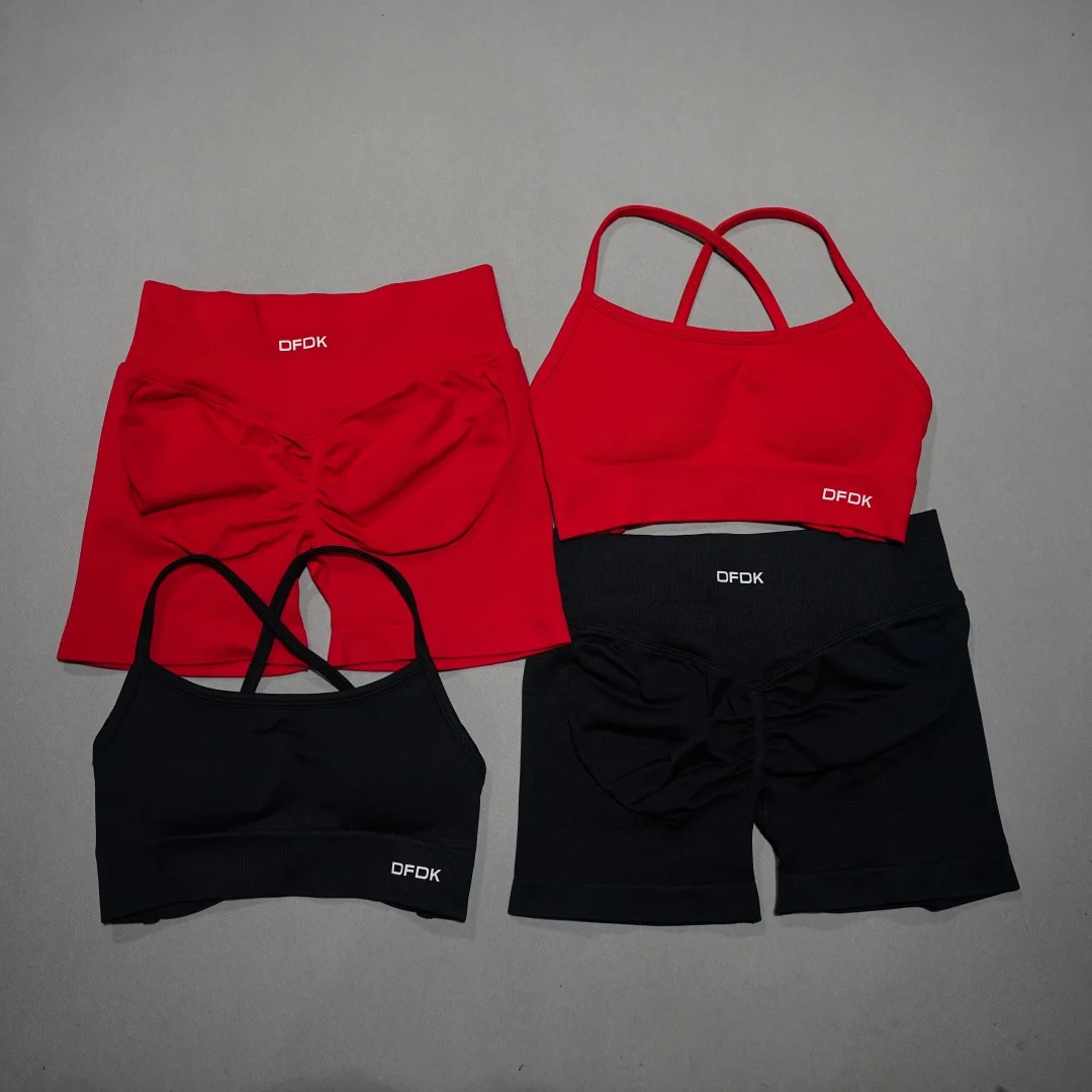 DFDK High Waist Short Leggings Matching Set, Seamless Lace Up Sports Bra…