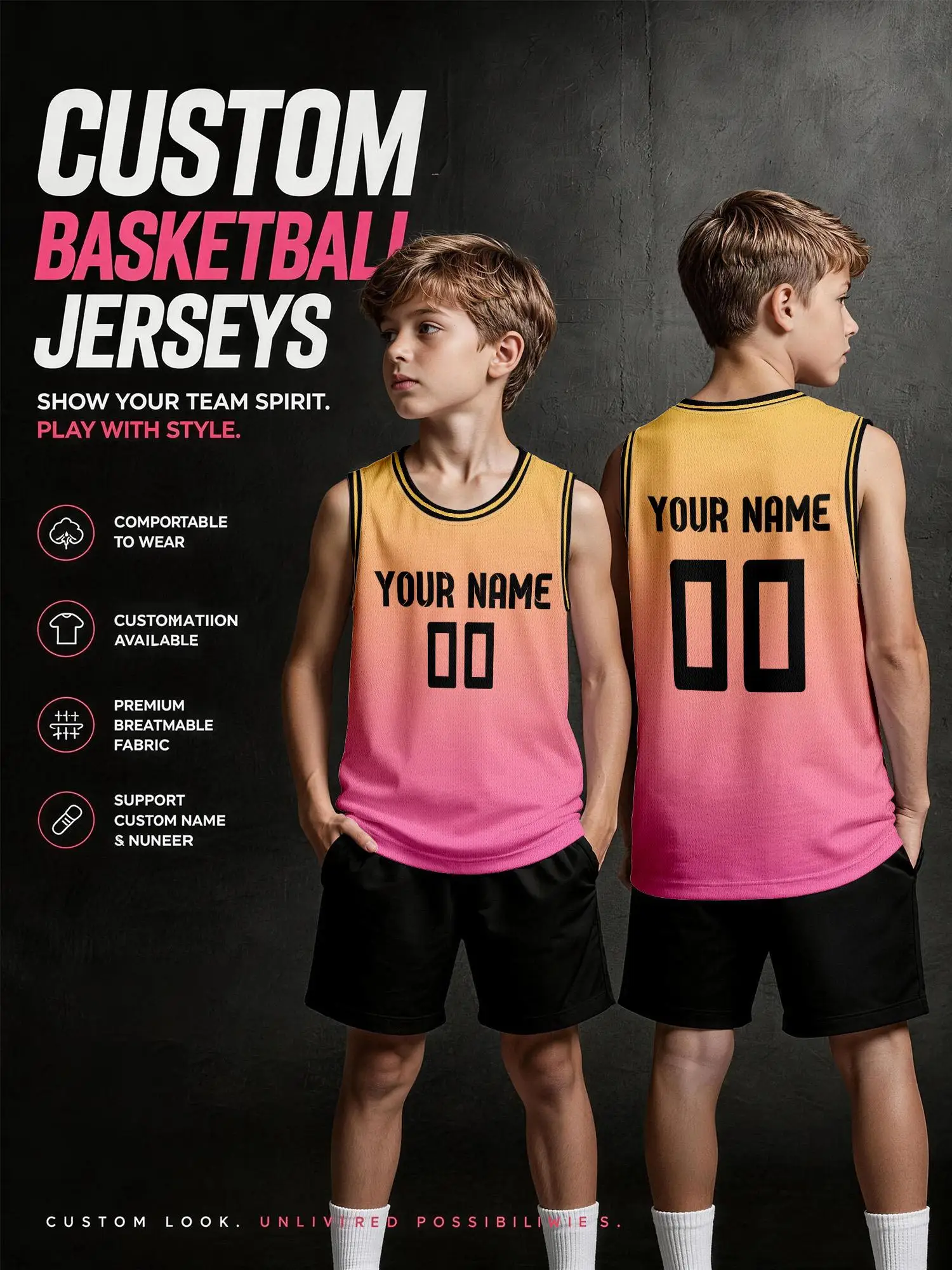 Yellow‑Pink Gradient Black Trim Custom Basketball Jersey, Print Name &…