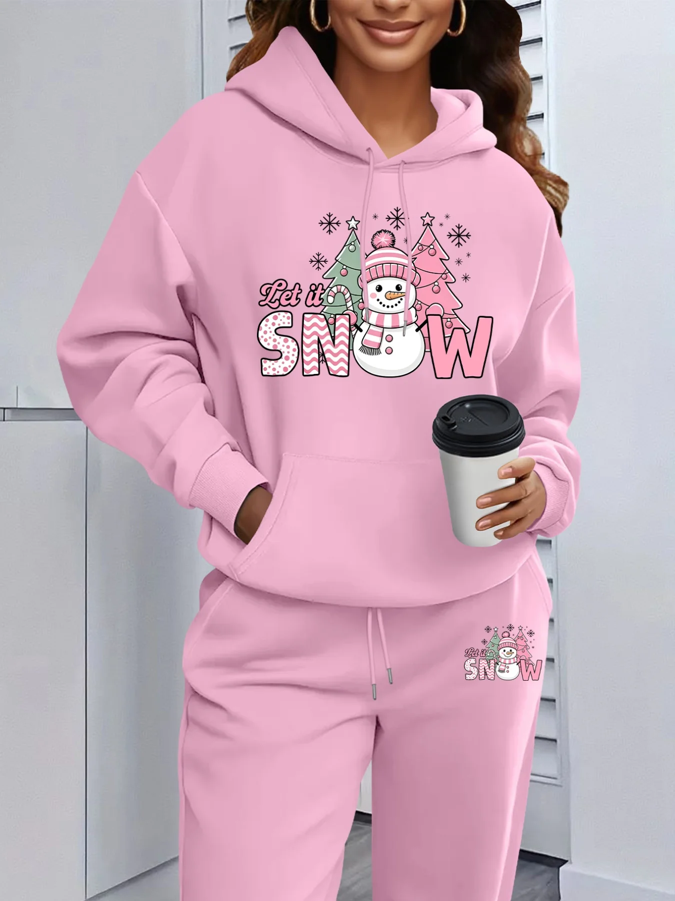 Women 2 Piece Outfit Winter Hooded Sweatshirt & Sweatpants Set, Snowman…