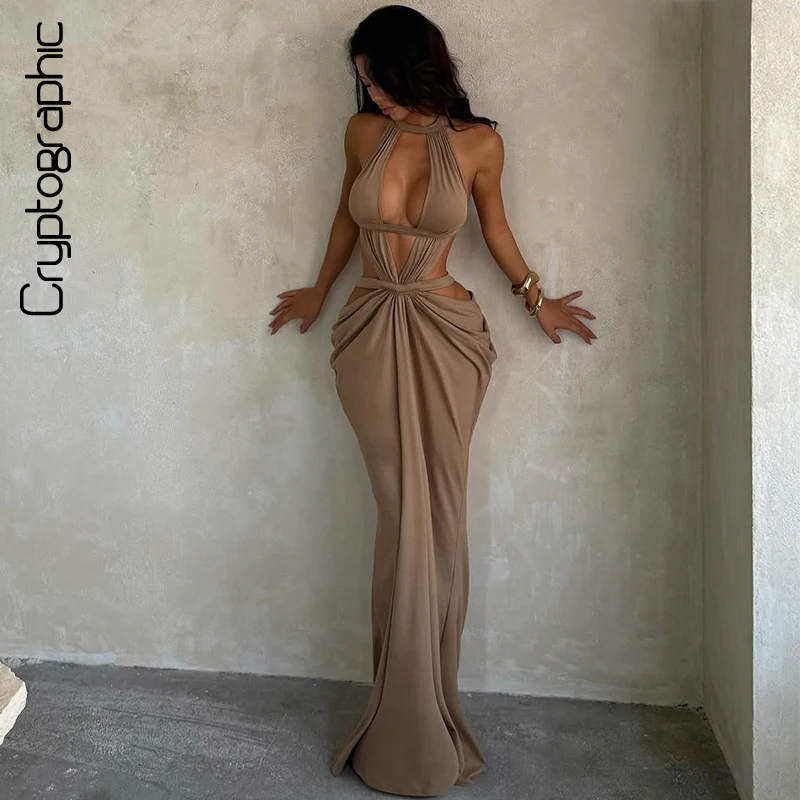 Halter Cut-Out Draped -Cut Back Bare Elegant Party Maxi Dress Waistless…