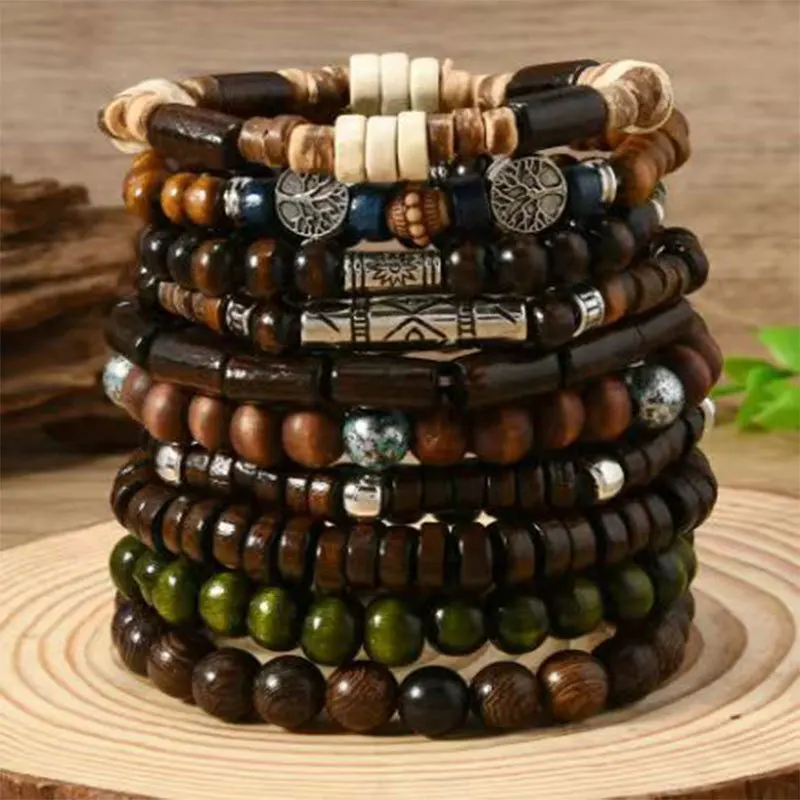 10pcs Bohemia Ethnic Beaded Bracelets for Men Vintage Multi Layer Wooden…