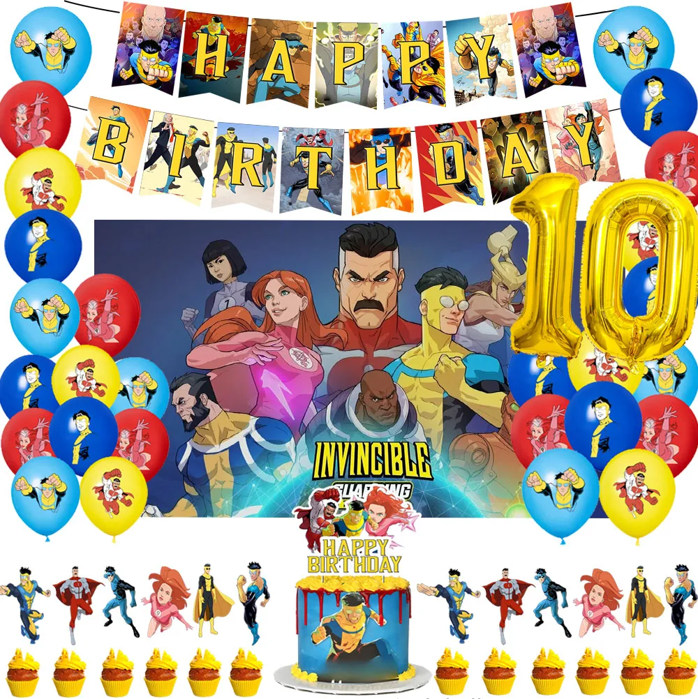 Invincibleds Theme Kids Birthday Party Number Balloon Banner Background Cake…