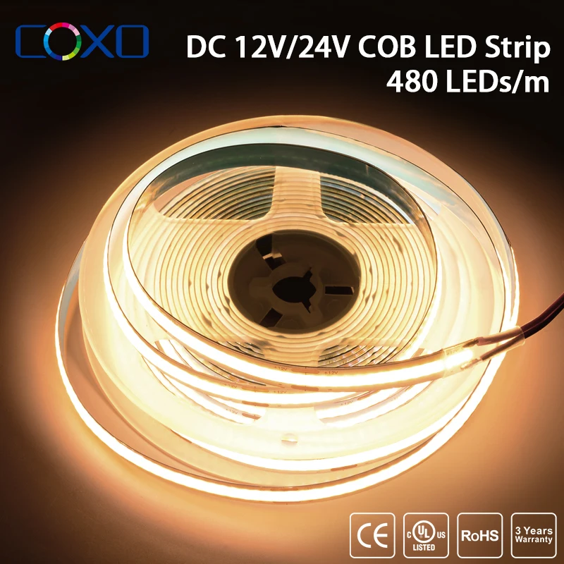 UL Listed COB LED Strip Light 320 480 LEDs/m 16.4ft High Density Flexible…
