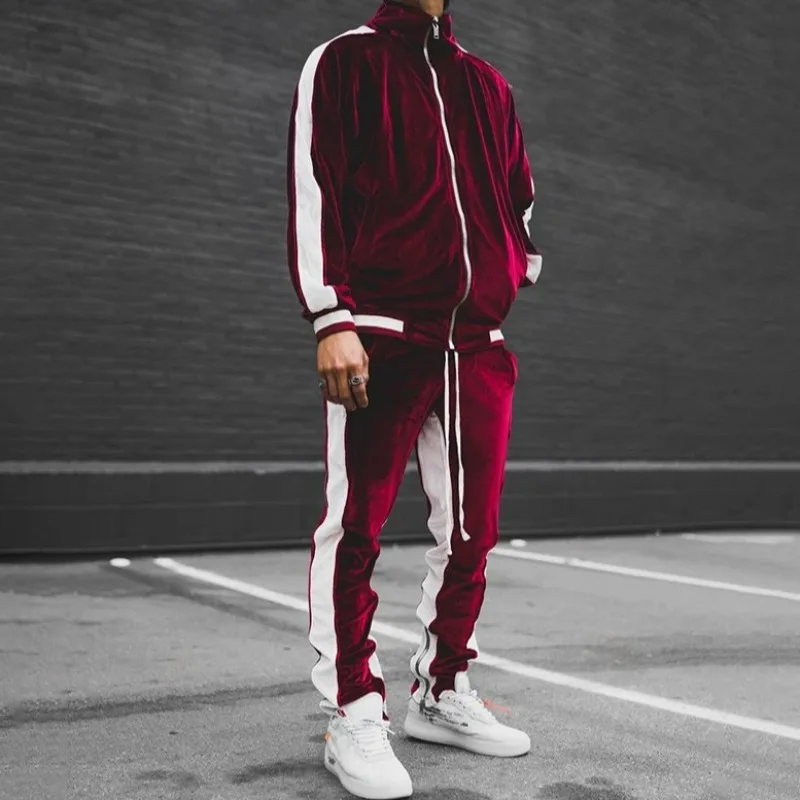 KIDWHXR Man 2-piece Tracksuit Autumn Contrast Color Stand Collar Coat Men…