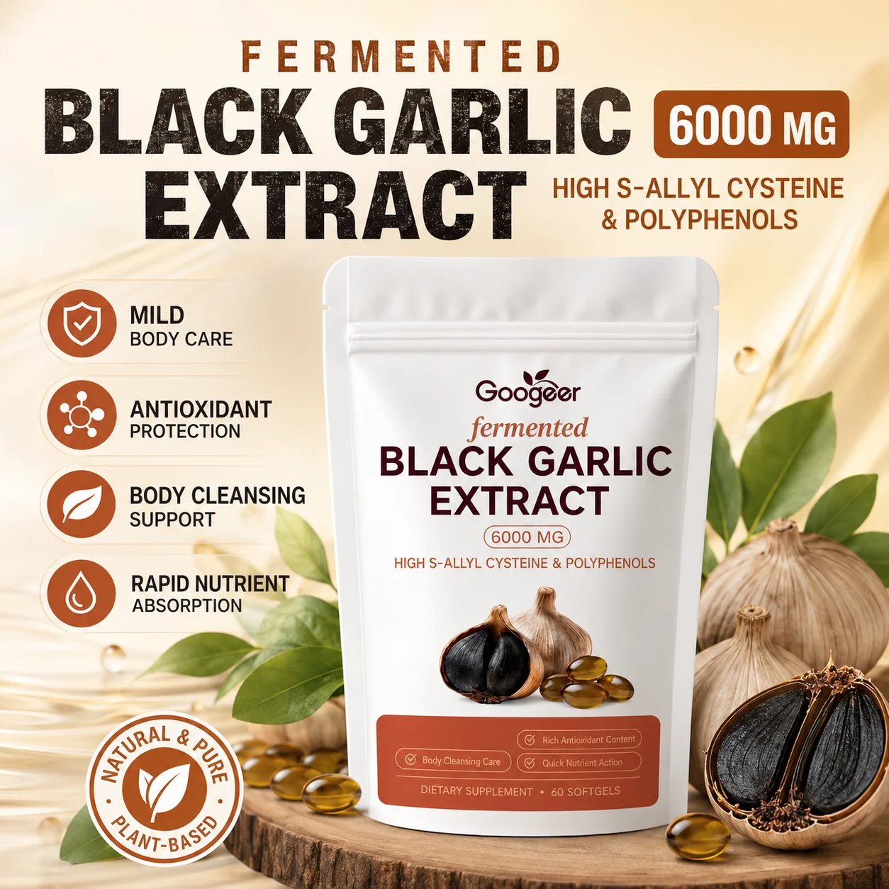 Googeer Fermented Black Garlic Extract Softgels Antioxidant Protection with…