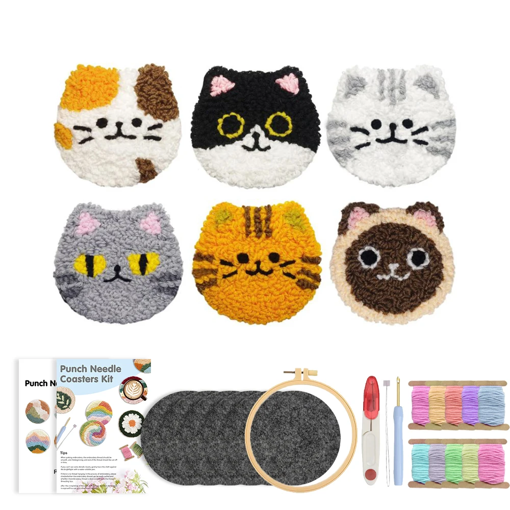 GATYZTORY DIY Punch Needle Cat Coasters Kit DIY 6pcs Animal Pattern Punch…