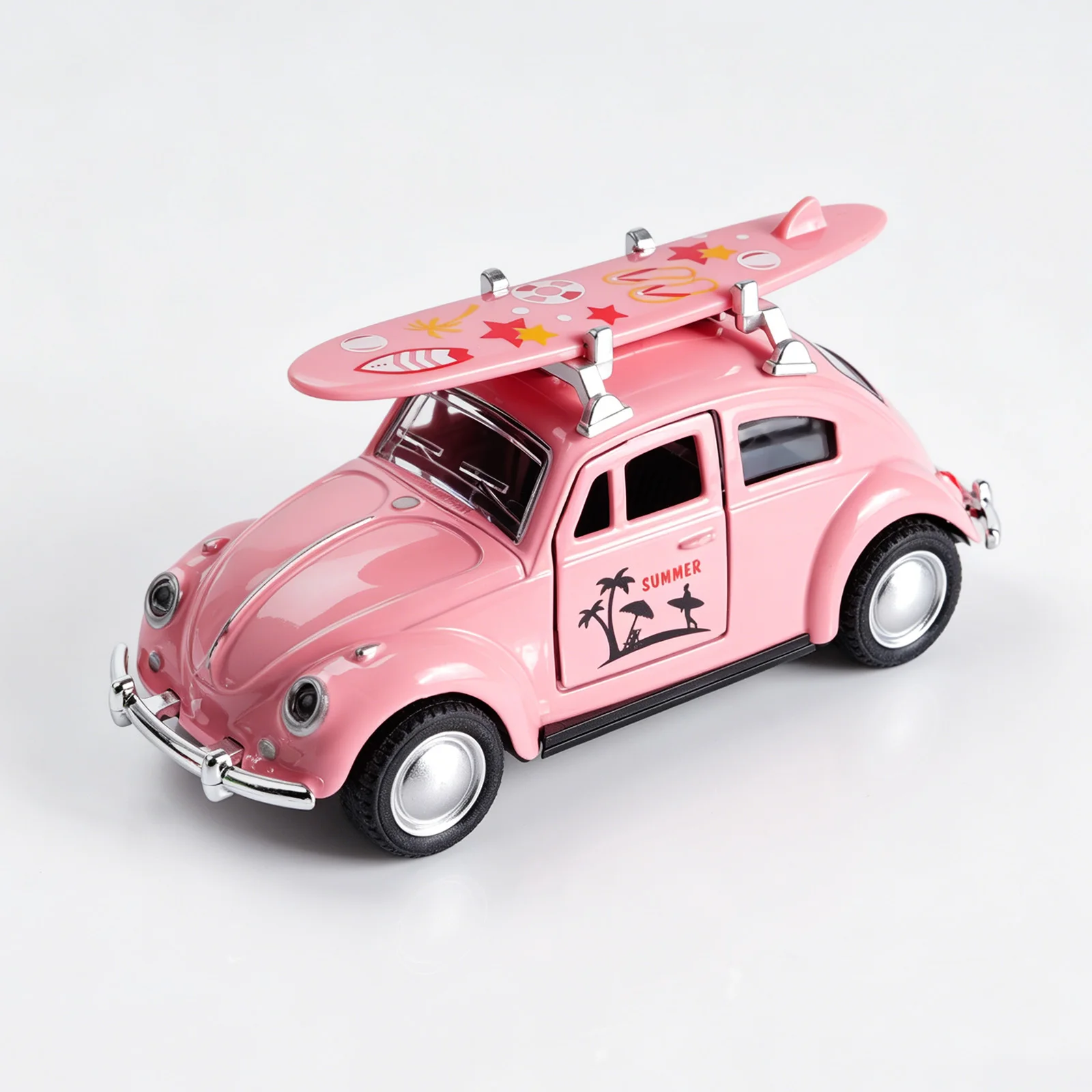 1:36 Pink Volkswagen Beetle Diecast Car with Surfboard, Alloy Pull-Back Model…