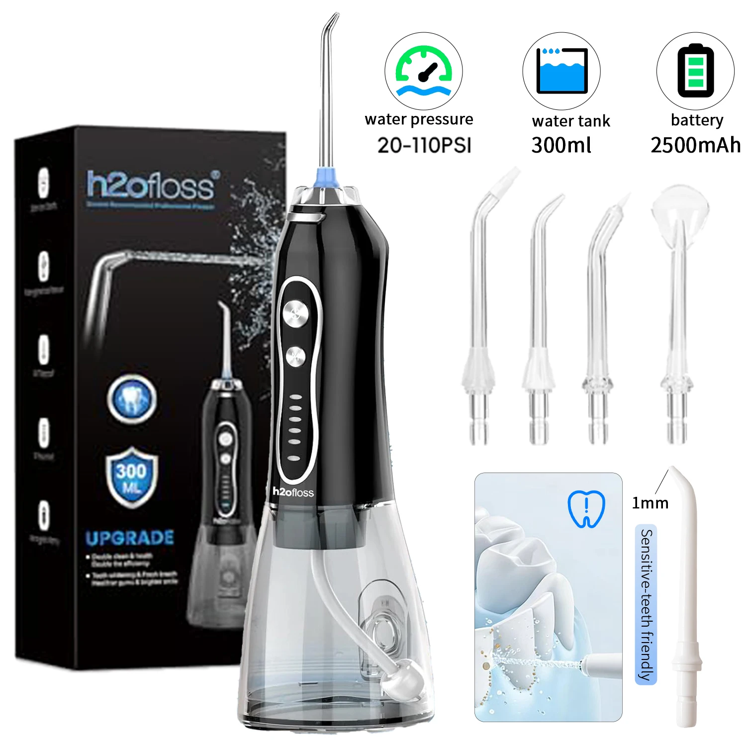 H2ofloss Cordless Water Flosser 5 Modes 300mL 2500mAh USB Rechargeable…