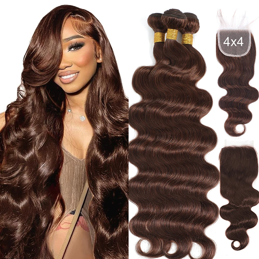 Chocolate Brown Human Hair Bundles with Closure Body Wave Bundles HD 4X4 13X4…