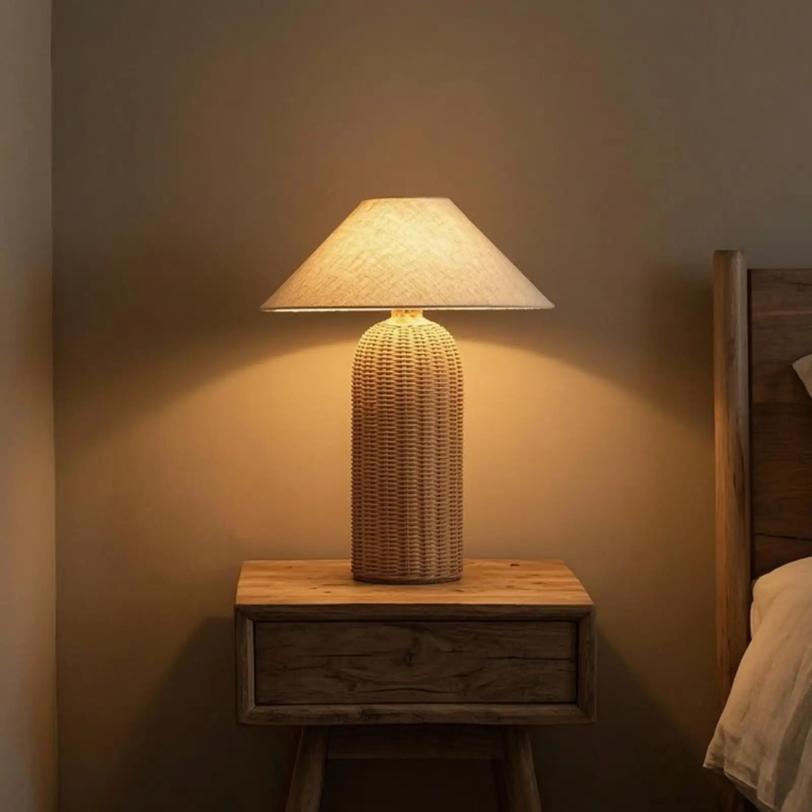 Bedside Lamp Rattan Base Fabric Shade Night Table Lamp Decorative Lighting…