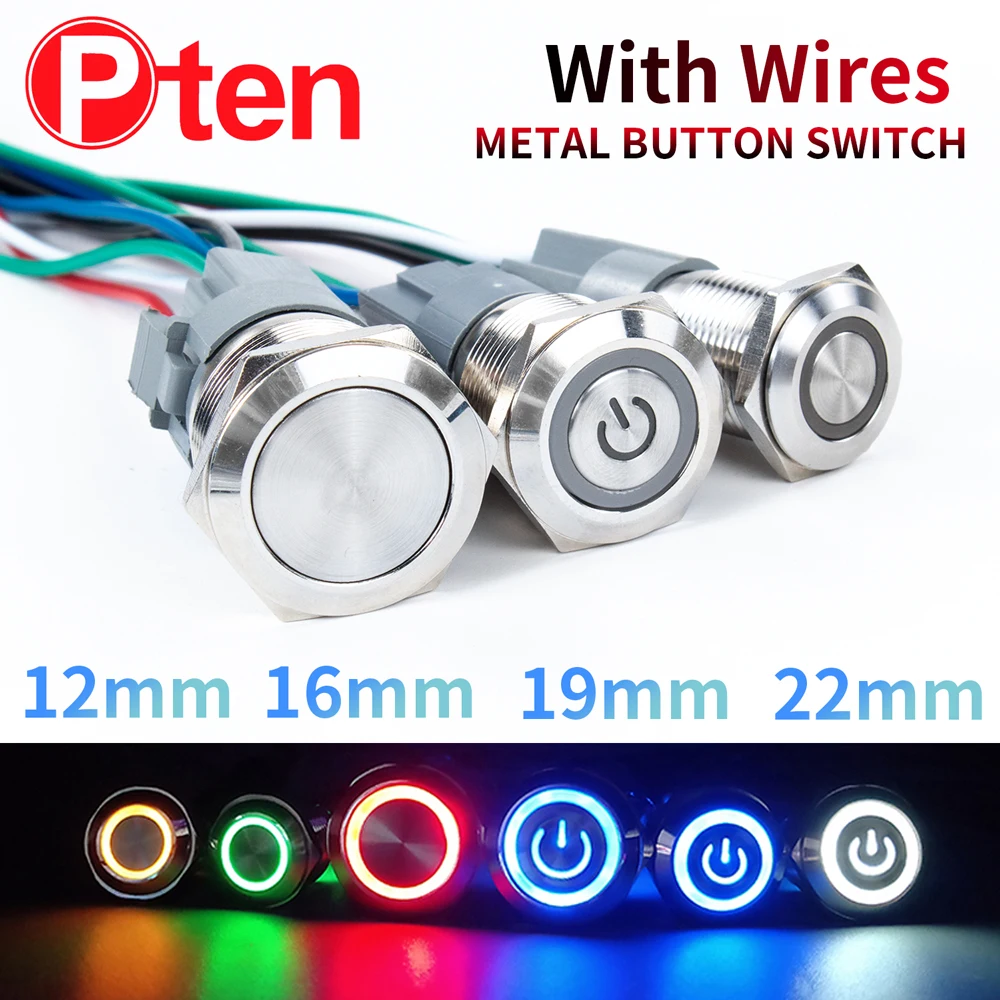 12 16 19 22mm with Wire Waterproof Metal Push Button Switch LED Ring/Power…