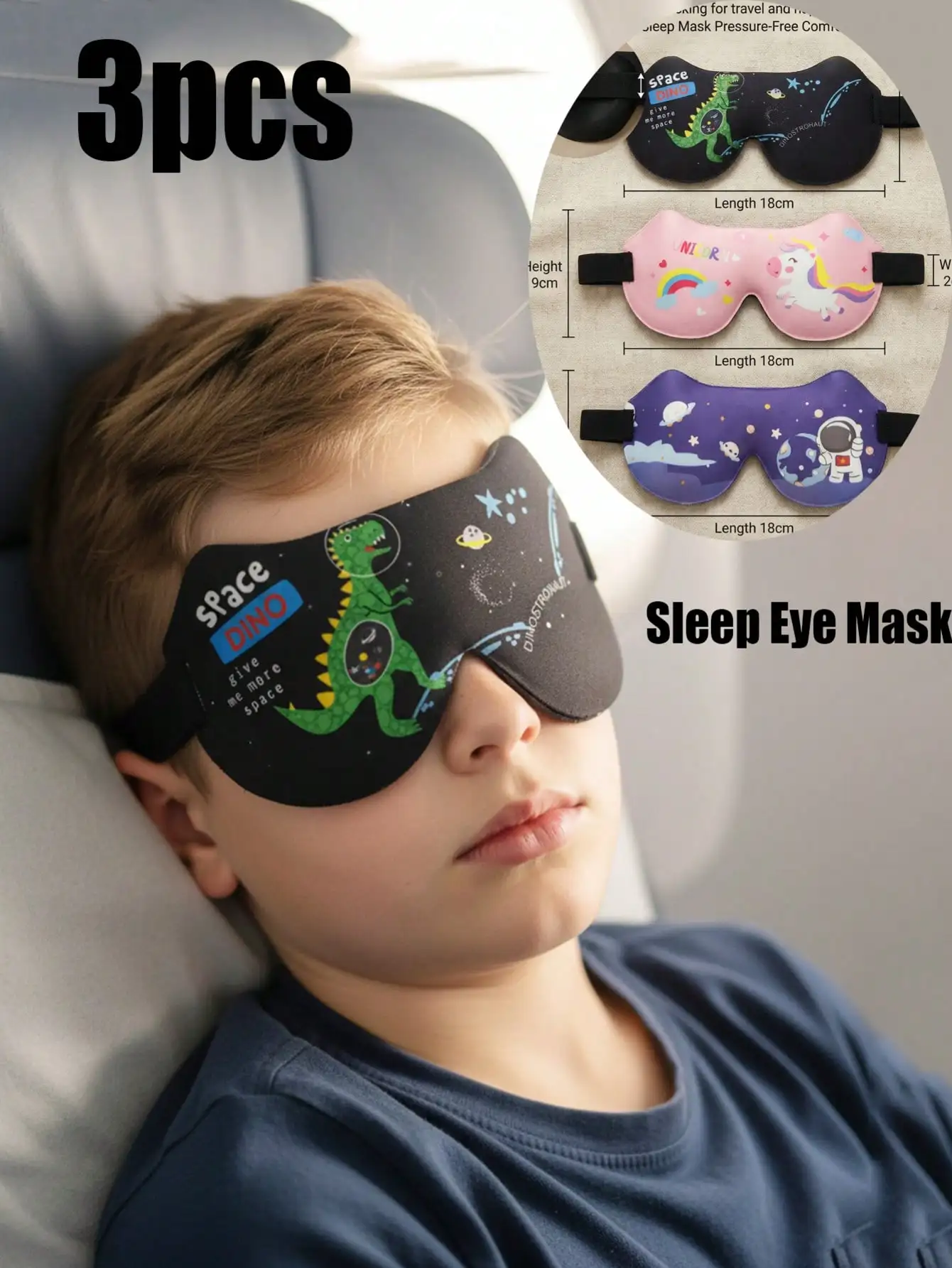 3Pcs Kids Adults 3D Stereo Sleep Eye Mask Dinosaur Unicorn Printed Soft…