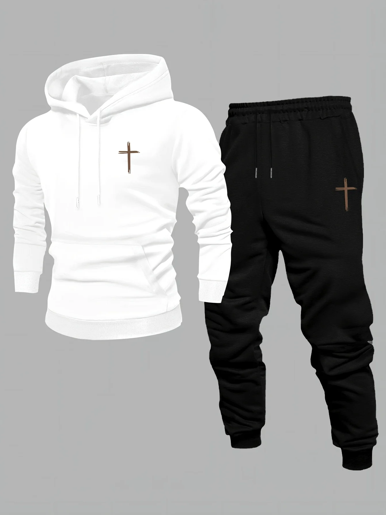 Men Minimal Cross Graphic Tracksuit 2PcsHooded Pullover Hoodie+Jogger Pants…