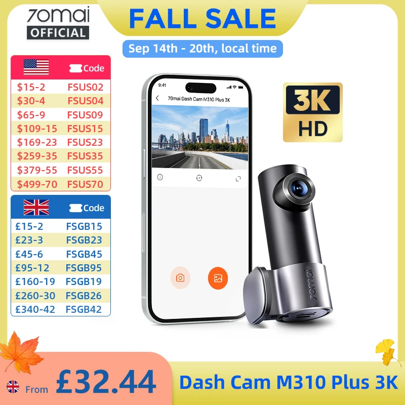 New 70mai Dash Cam M310 Plus 3K 1620P WDR Voice Control 139°FOV Car DVR 70mai…
