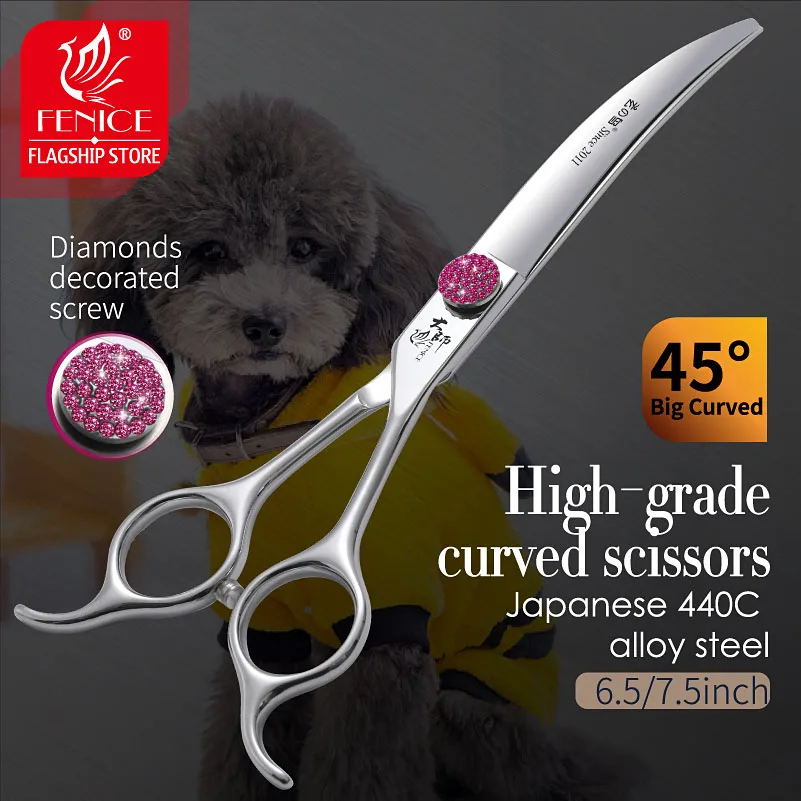 Fenice Pink Diamond Screw Pet Curved Scissors 45° 6.5/7.5inch Pet Dog…