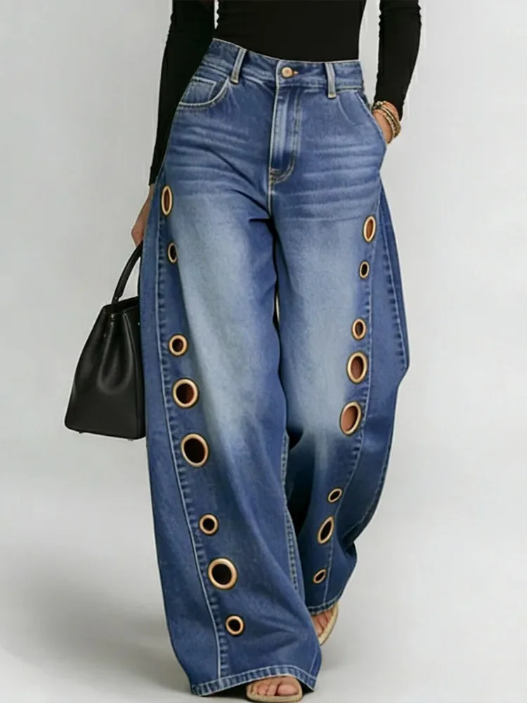 Missuoo Women's Washed Blue High-Waist Metal Grommet Wide Leg Jeans 2026…