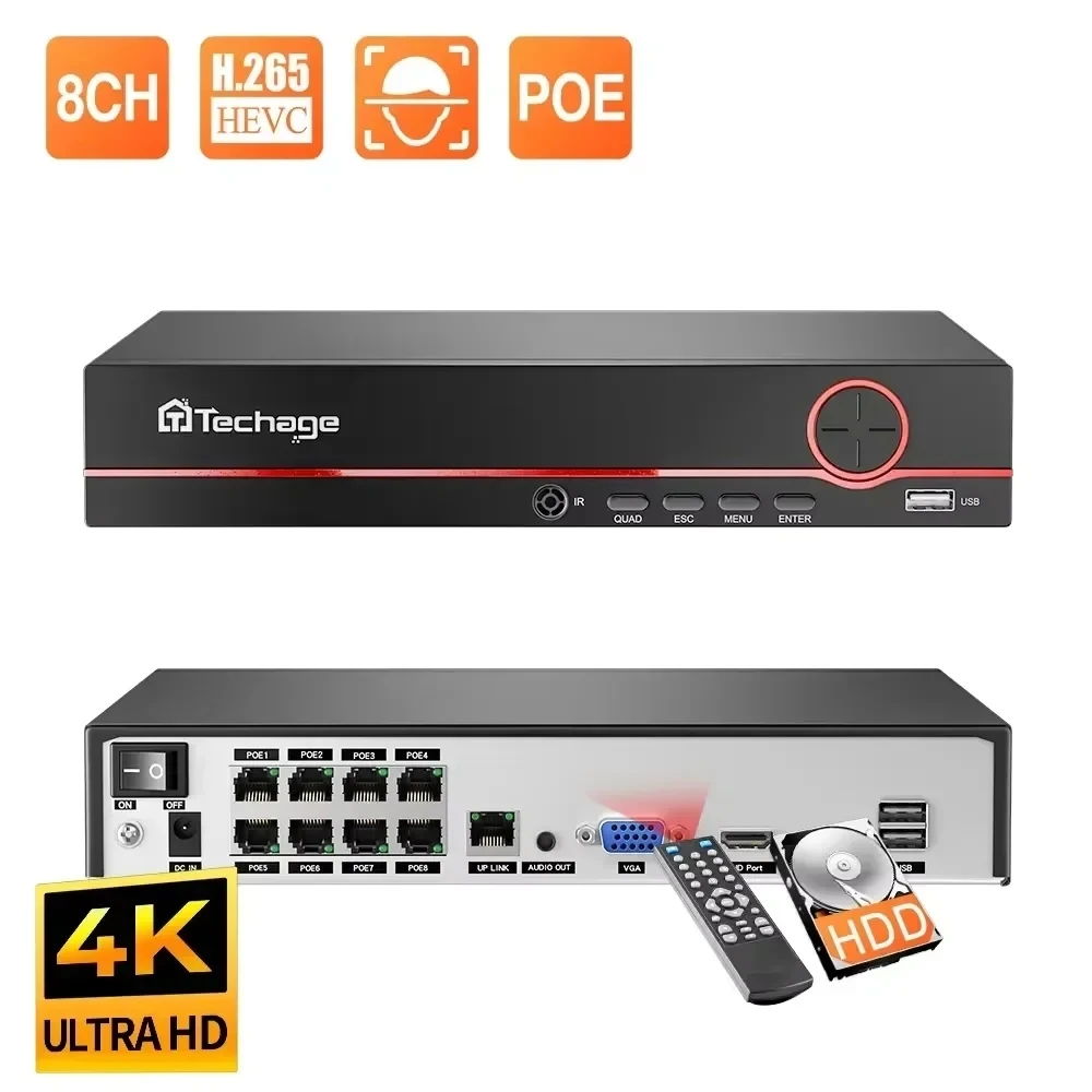 Techage H.265 4K 8CH PoE NVR 2MP 3MP 5MP Network Hard Disk Video Recorder…