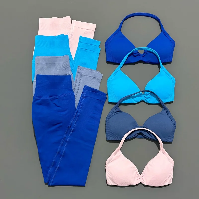 2 Piece Sports Set Women Yoga Backless Halter Bra High Waist Scrunch Seamless…