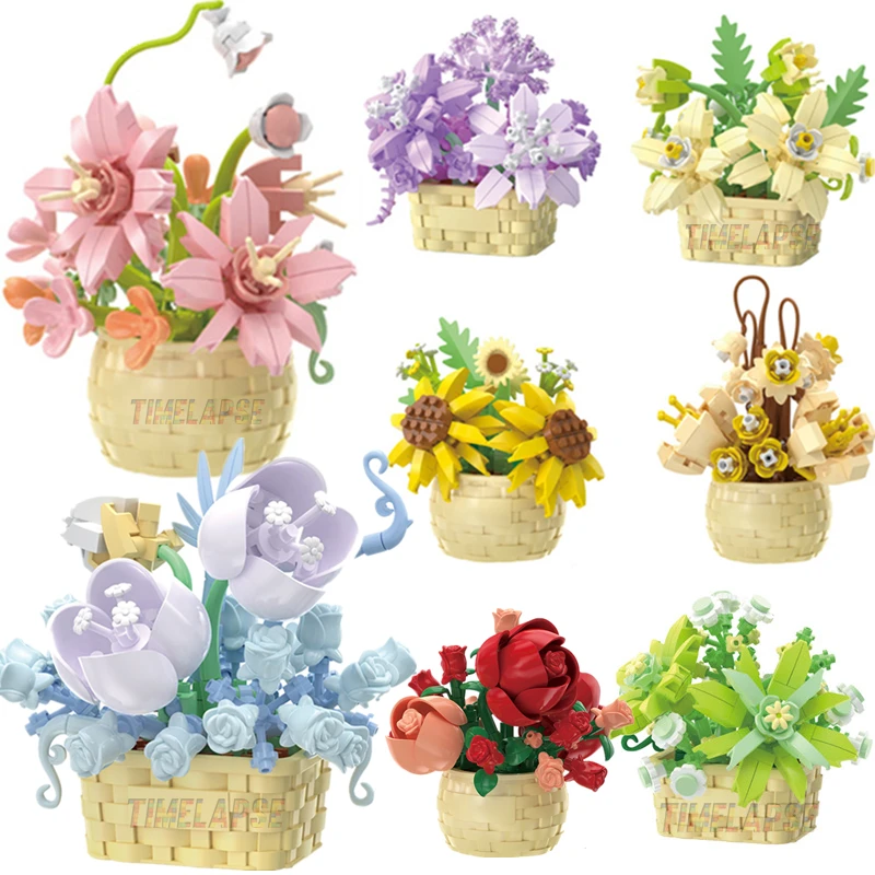 DIY MOC Potted Rose Sunflower Plants Succulents Bonsai Tree Gardens Romantic…