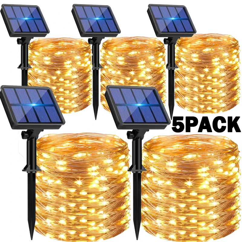 1 2 3 4 5Packs Solar LED Fairy Light Outdoor Christmas Lights 8Modes Copper…
