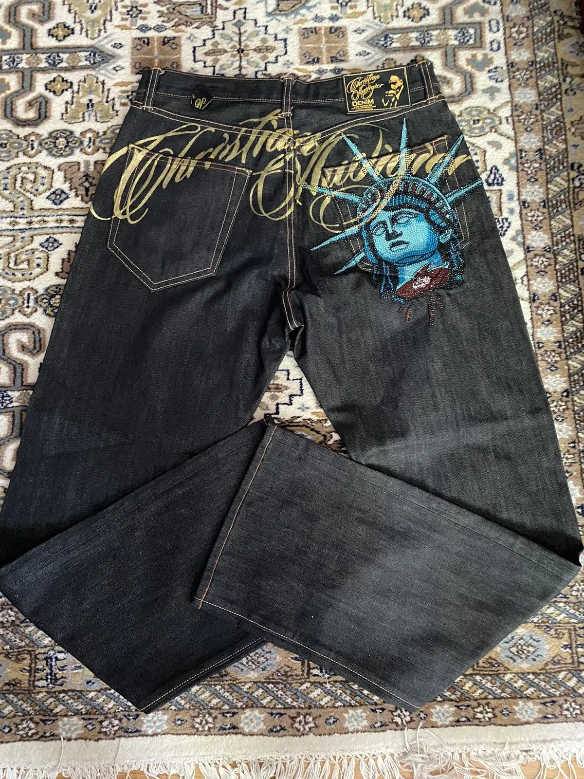 Y2k 2000s Statue of Liberty Diamonds Denim Pants Women Casual High Waist…