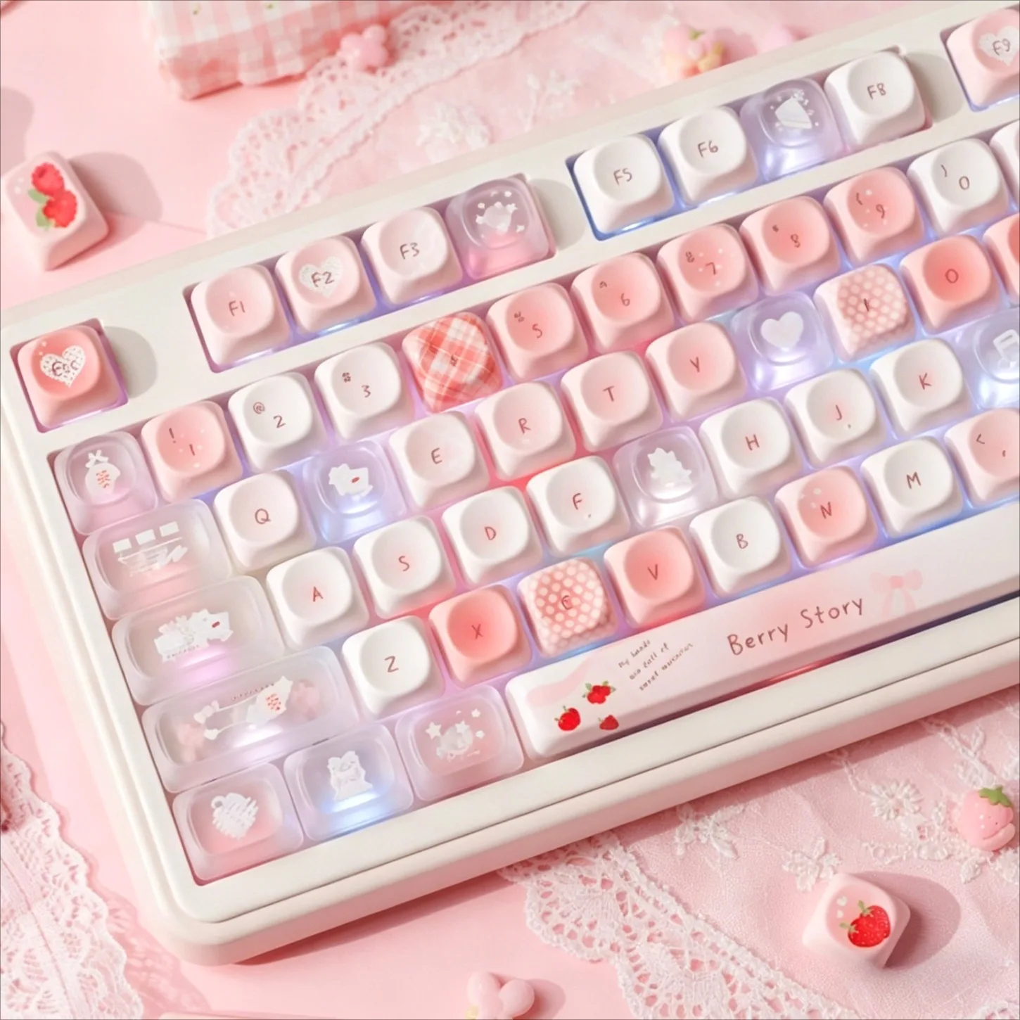 MO Profile Round Rose Pink Berry Story Keycaps 169 Keys PBT+PC Backlit Keycap…