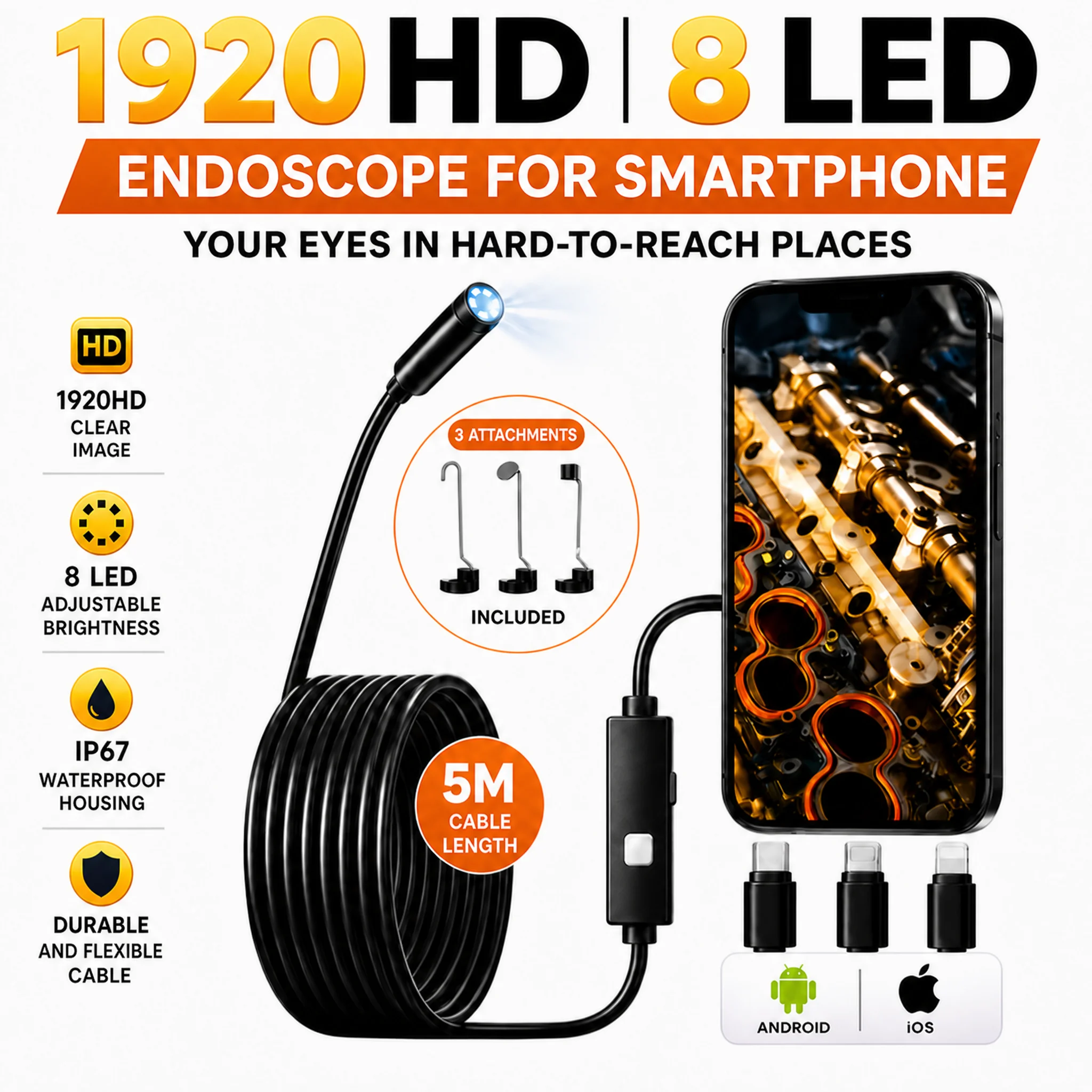 Dual Port Endoscope Camera for iPhone iOS Android 1920P HD 3-in-1 Borescope…